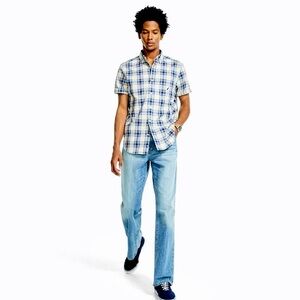 Nautica Short Sleeve Poplin Button Down Shirt Blue/White Plaid Men’s Size L